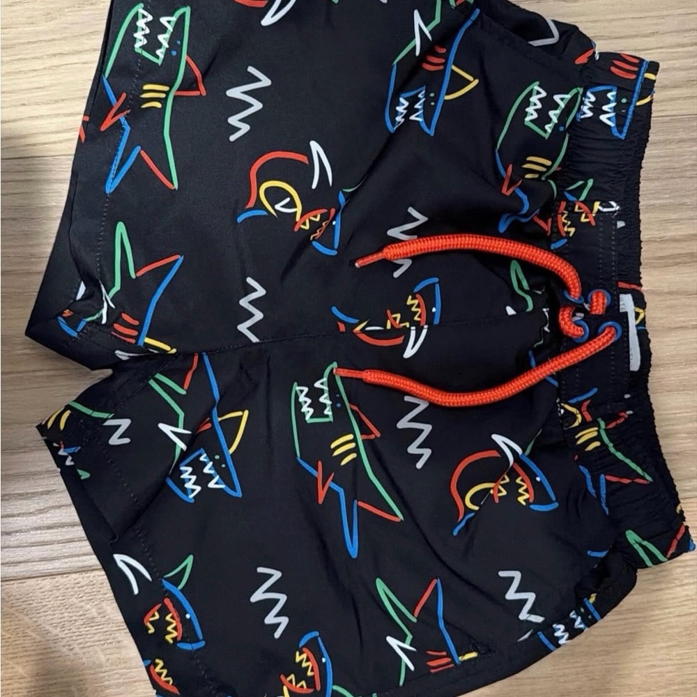 Stella McCartney Kids Black Swim Shorts with Multicolor Shark Print